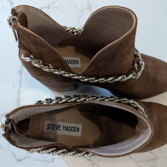 Steve Madden Tan Suede Leather Cedar Chain Block Heel Ankle Boot Cowboy Bootie 8 - Picture 2 of 8